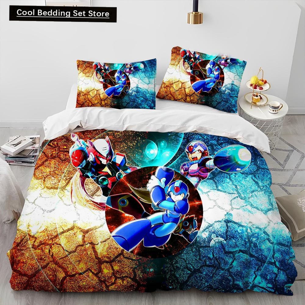 3D Рокмен Мегамен Игра Мультяшный Комплект Постельного Белья Одеяло Пододеяльник Наволочка,Королевский Размер Квинсайз Детский