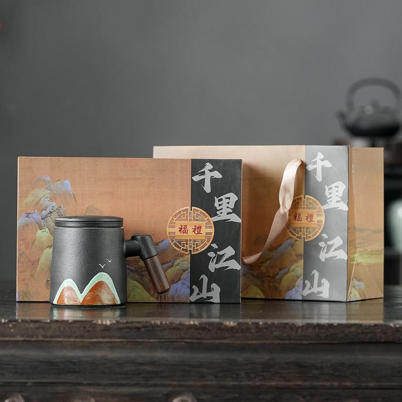 Guochao merchandise ceramic office cup gift box with lid mug tea separation tea cup business gift