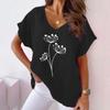 2023 Summer Floral Print V-neck Cotton Linen Casual Batwing Sleeve Women's T-shirt