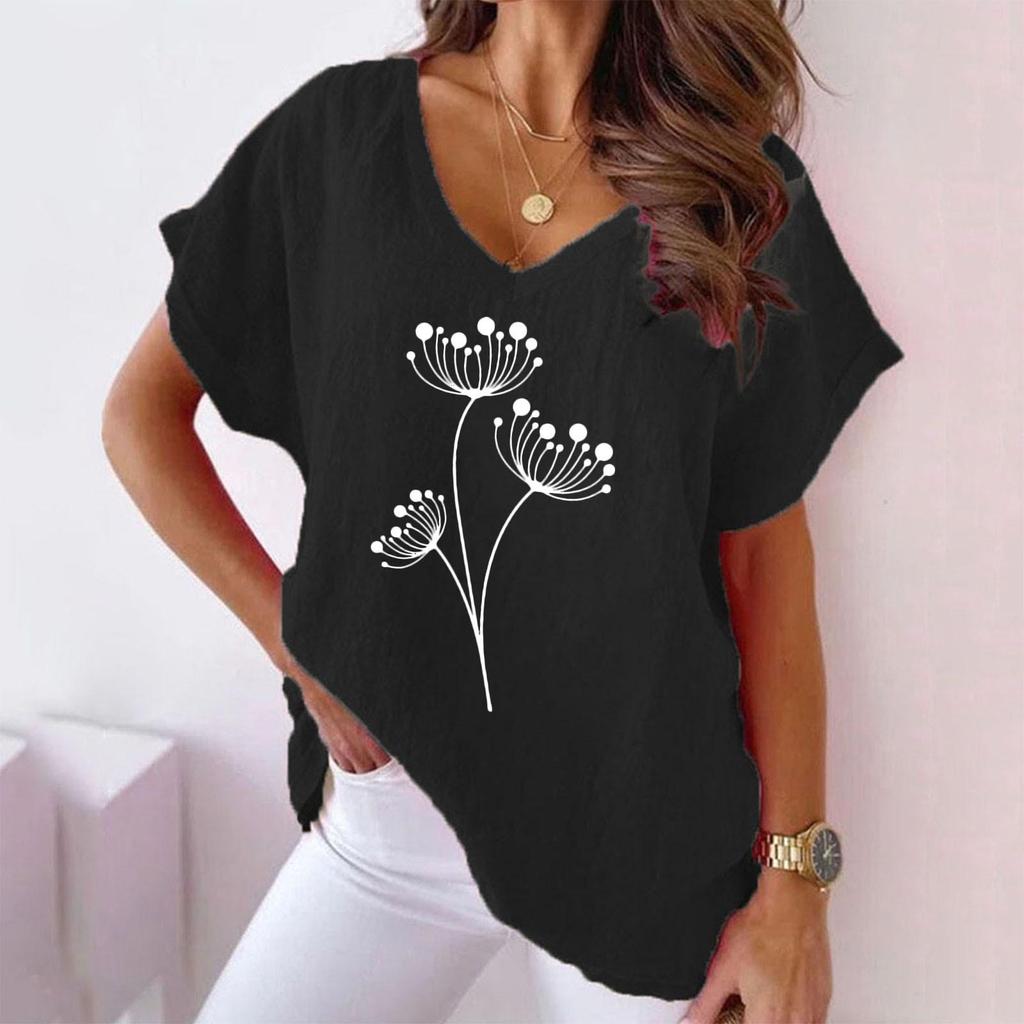 2023 Summer Floral Print V-neck Cotton Linen Casual Batwing Sleeve Women's T-shirt