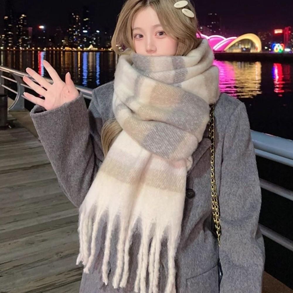 Mohair Winter Cashmere Scarves Plush Neck Warmer Simple Stripe Wool Scarf Student