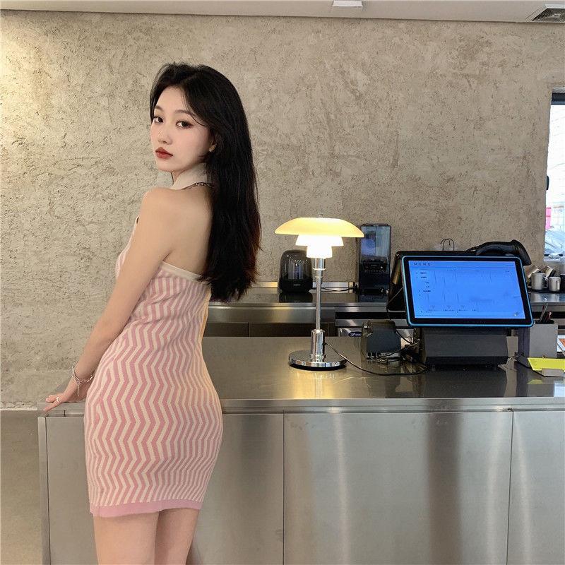 Knit Stripes Sexy Turn-down Collar Sleeveless Women Tight-fitting Hip Dress Bodycon Summer Button Closure