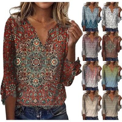 Женский топ, свободные повседневные блузки с v-образным вырезом и принтом, футболка с рукавом 3/4 и колокольчиком