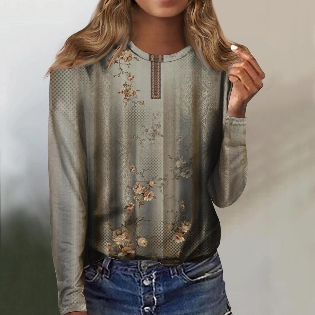 Женская мода, повседневная блузка с длинным рукавом и круглым вырезом, пуловер с принтом