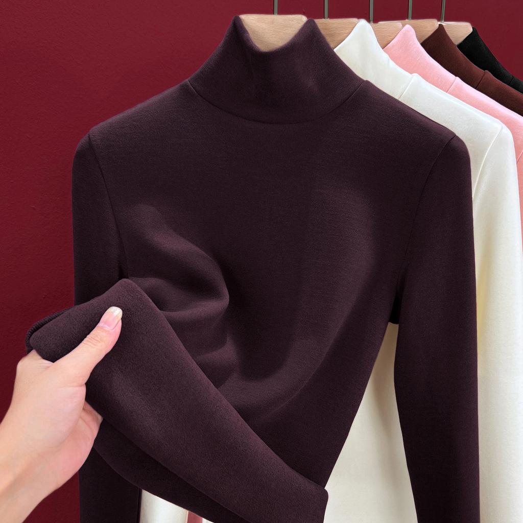 Autumn and Winter Women's Clothing Containing Wool and Silk Bottoming Shirt Women's Inner Heating Fleece Warm Turtleneck Top with Fleece and Thicker