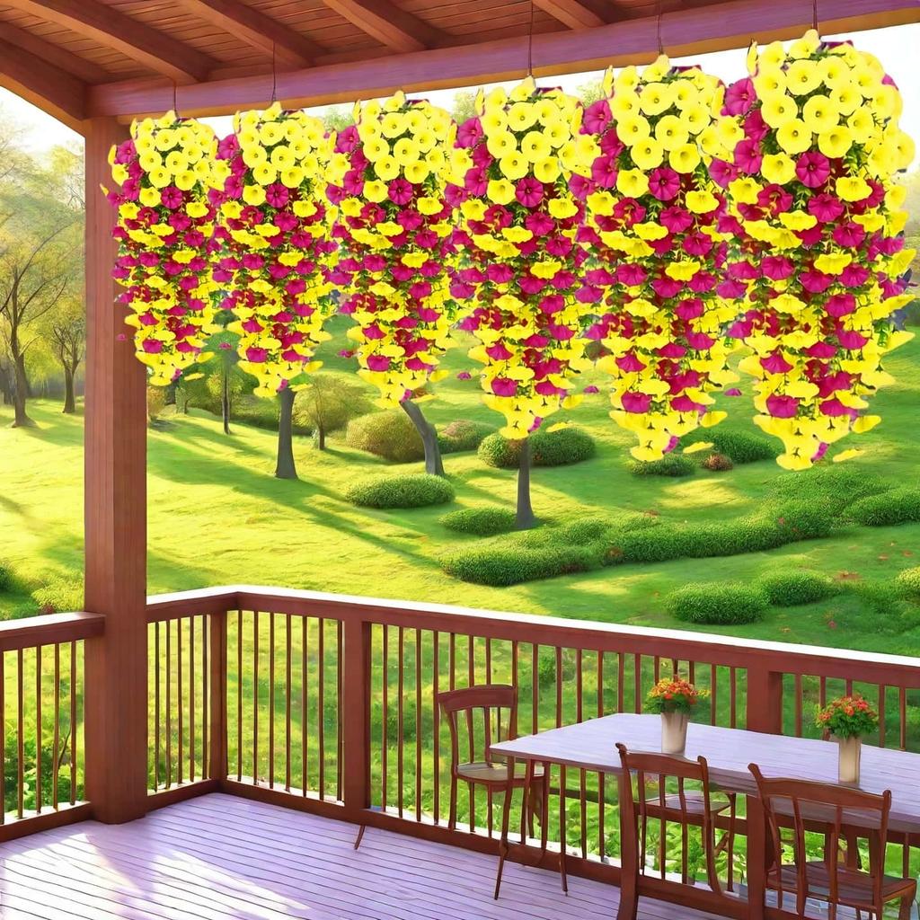 2 шт. Искусственные подвесные цветы петунии и эвкалипта - Яркие бутоны, Декор для улицы/дома для свадеб, крыльца, патио, сада