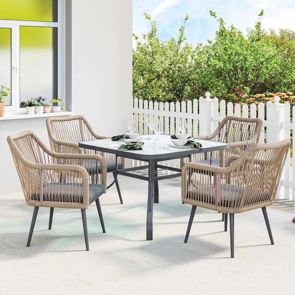 Set of 2 Garden Chairs with Cushions and Armrests, in Steel and PE Rattan, 54x65x80 cm, Dark Grey