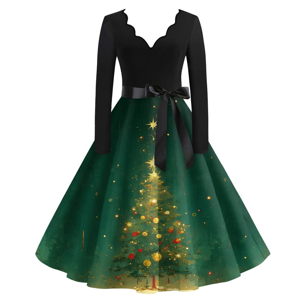 Women's Casual Fashion V-neck Long Sleeved Retro Christmas Print Retro Dress