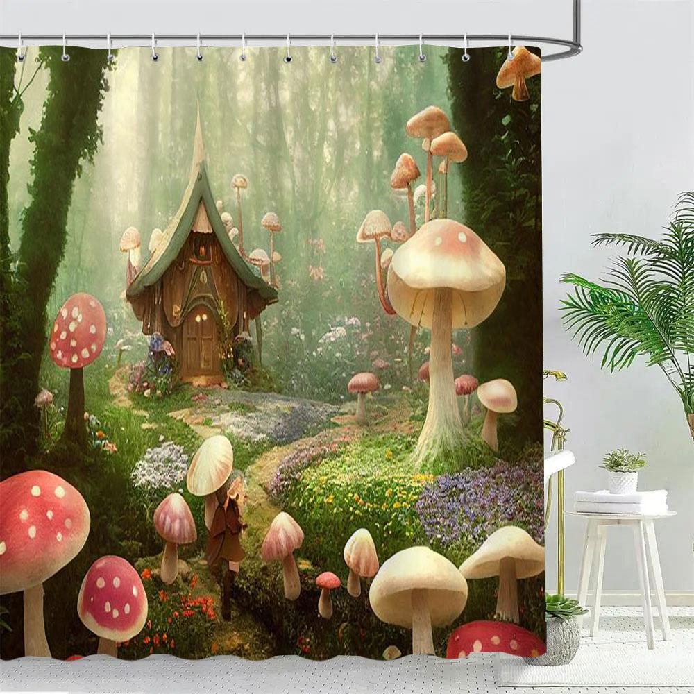 Фэнтезийный Лесной Грибной Домик Занавеска для душа Милый Мультяшный Узор Полиэстеровая Ткань Детская Занавеска для Ванной Декор для Ванной Комнаты С Крючками