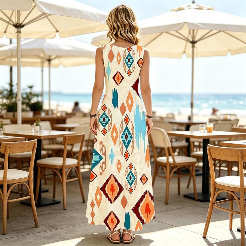 Women's Summer A-Line Maxi Dress,Ethnic Style Loose Sleeveless Flowy Lightweight Breathable,for Daily Casual & Outdoor Vacation Wear,Fashion Versatile