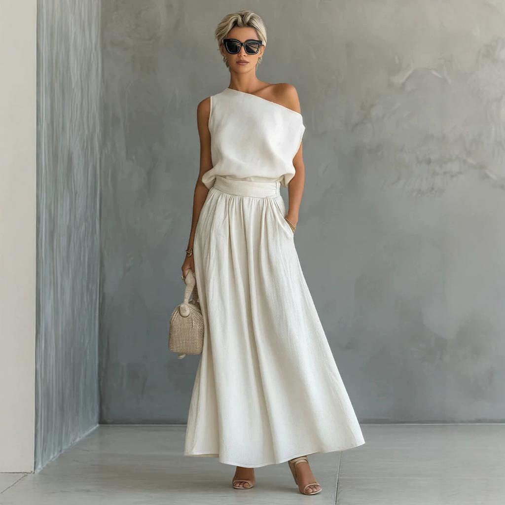 1116 European and American popular women's clothing casual commuter suit diagonal shoulder waist thin two-piece set