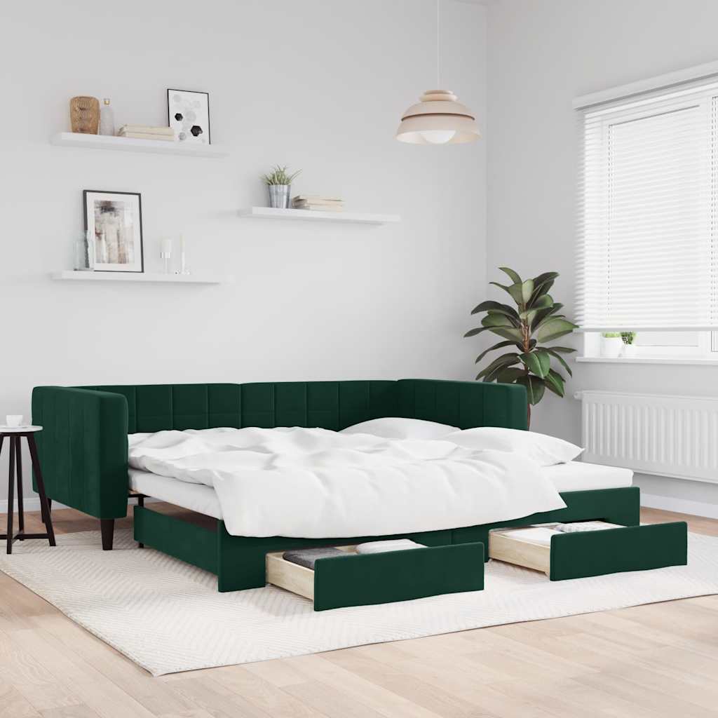 Extendable Daybed with Drawers Dark Green 100x200 cm Velvet