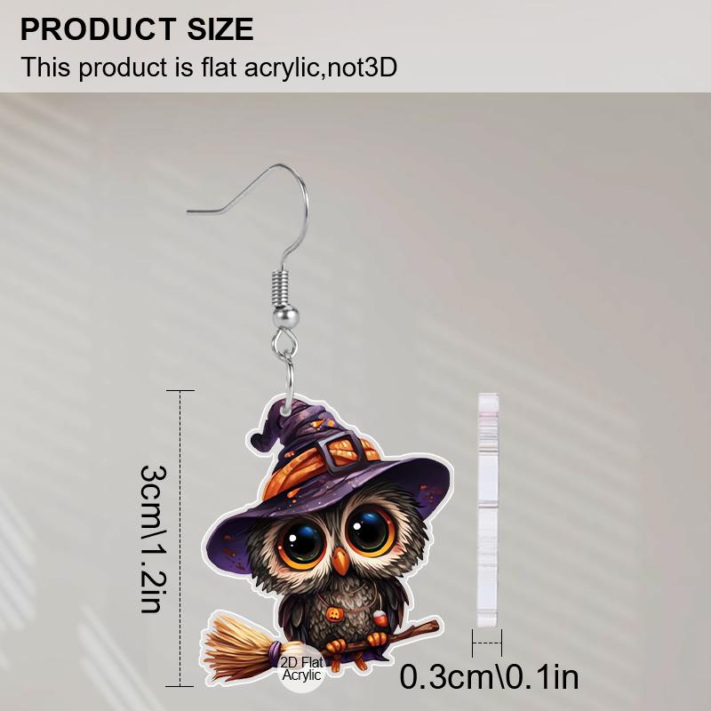 2D Flat Cute Acrylic Witch Hat Broom Owl Hanging Earrings Ladies Halloween Accessories Charm Jewelry Gifts
