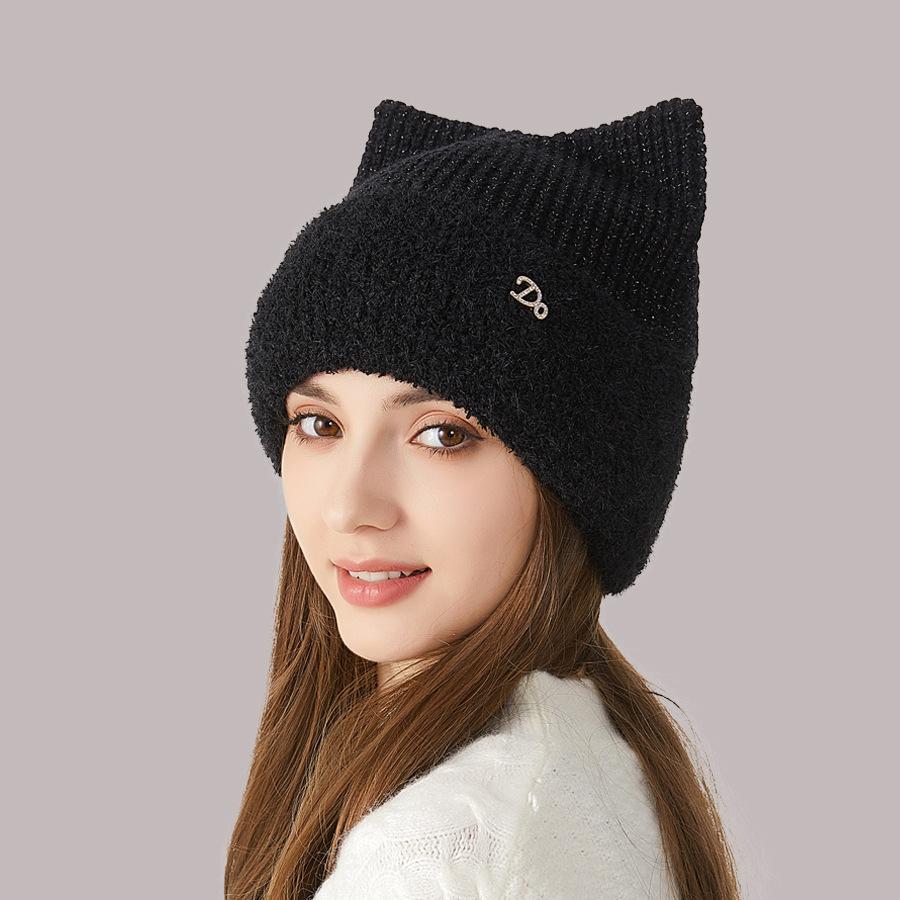 Женская зимняя вязаная шапка с кошачьими ушками, толстая защита ушей, однотонная шерстяная шапка с рукавами, шапочки с черепами
