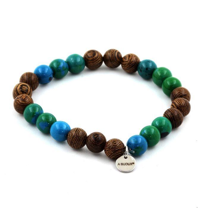 Stones and Minerals. Bracelet Wood Beads + Chrysocolla 8 Mm. Made In France.