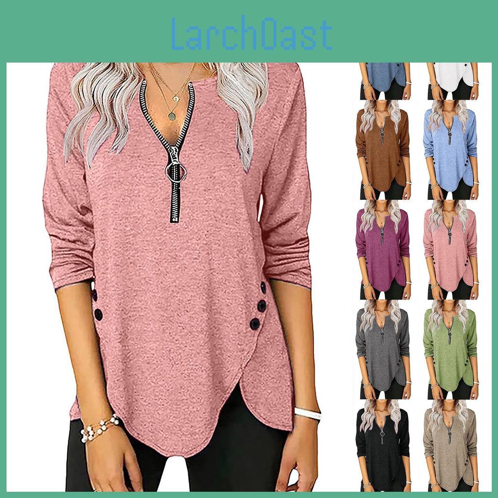 Autumn Longsleeved Zipper Womens Casual Neck Button Tshirt Top
