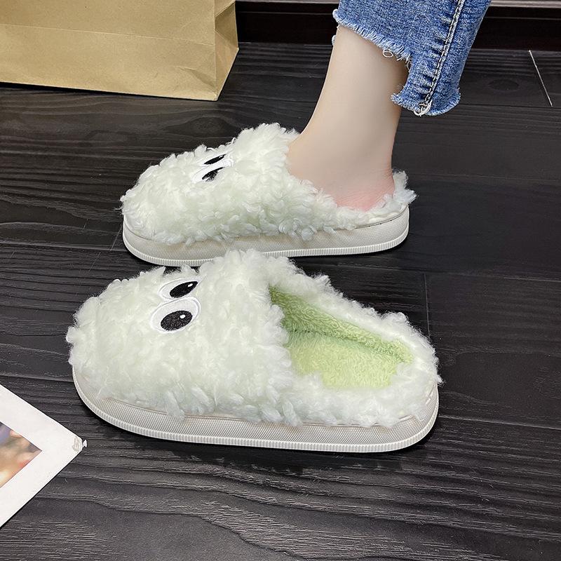 Модные хлопковые тапочки для женщин Новые 2024 Осень Зима Домашние Нескользящие Домашние Теплые Домашние Слайды Женские Милые Плюшевые Тапочки с Мехом с Большими Глазами