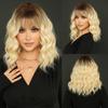 Gradient Gold Wave Shoulder Length Wig for Women - Full Bangs Rooted Hair Full Cap, Quick Beauty Makeover Styling