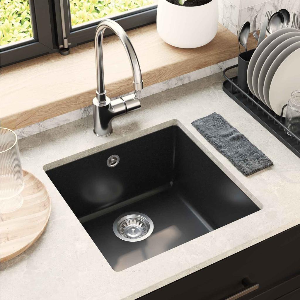 Black Kitchen Sink 430 x 460 mm Made of 80percent Quartz and 20percent Resin