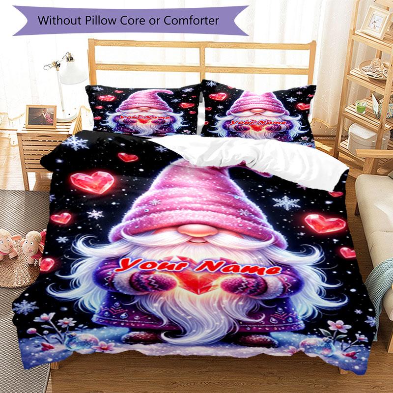 3PC Custom Name Gnome Hearts Snowflakes Bedding Set Duvet Cover Closure Includes 1 Duvet Cover & 2 Pillowcases for Bedroom