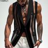 INCERUN Men Lapel Neck Sleeveless One Button Striped Mesh Sheer See Through Waistcoats