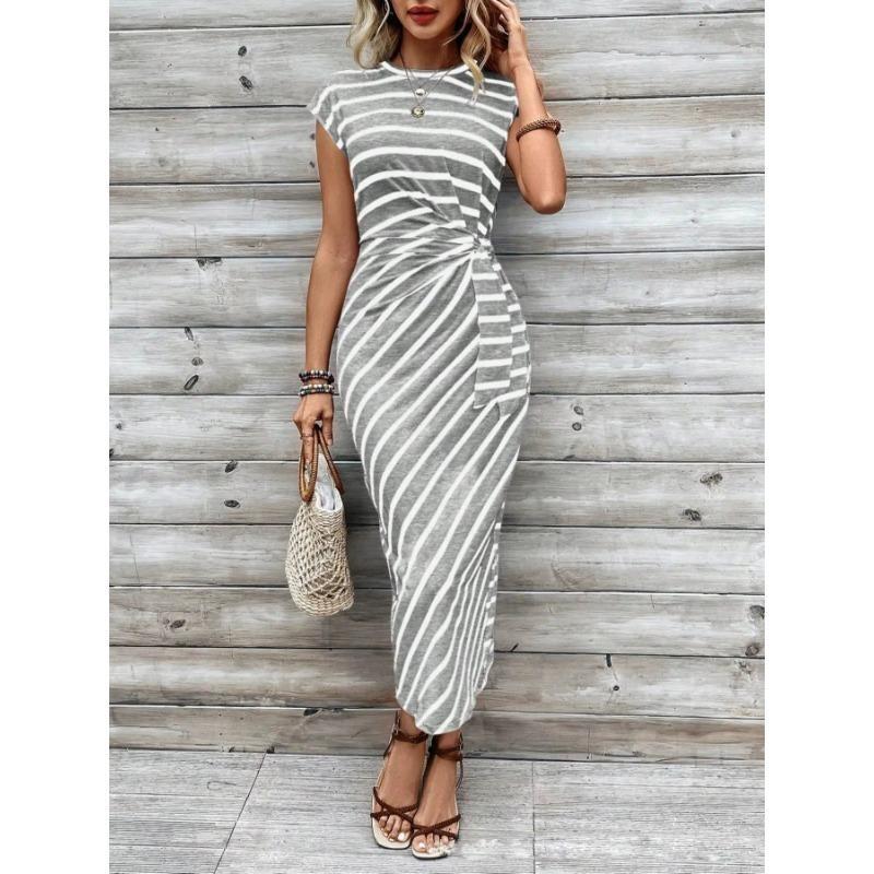 Женские летние темпераментные элегантные платья с завязками на талии в полоску с круглым вырезом и короткими рукавами