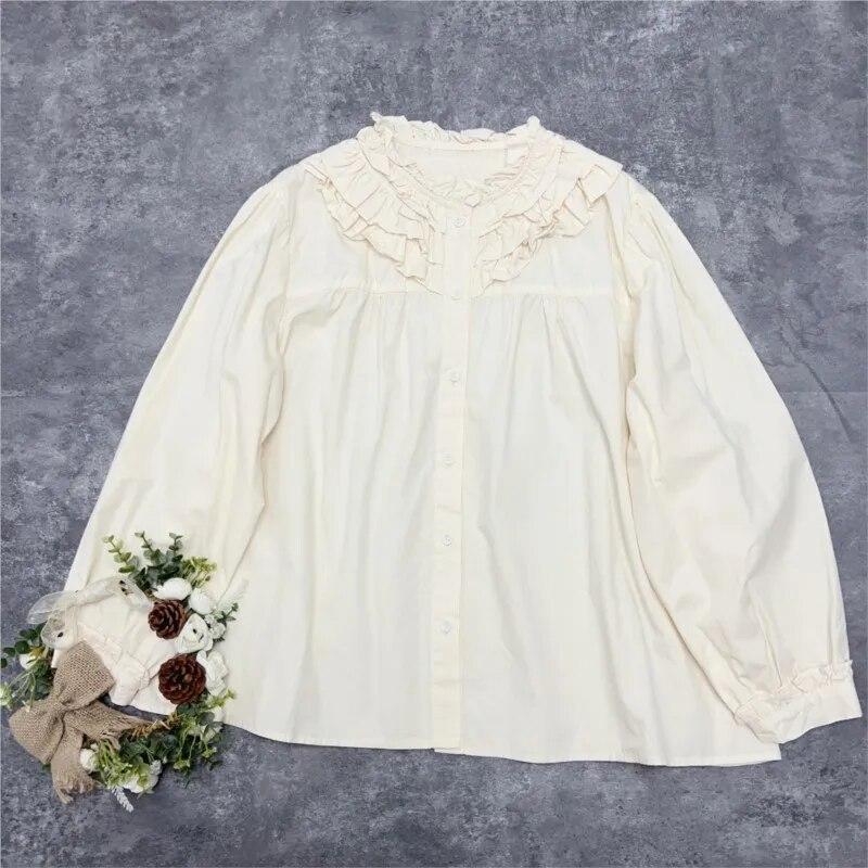 Johnature Японская рубашка с воротником из грибка Mori, женские французские свободные однотонные рубашки с длинными рукавами, повседневные винтажные хлопковые рубашки