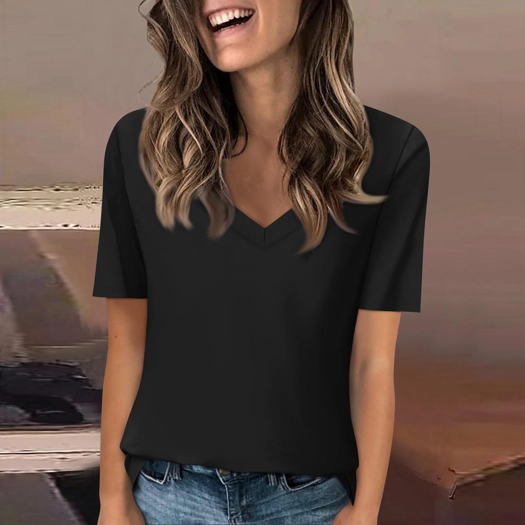 Женская футболка с v-образным вырезом, топ с короткими рукавами, повседневная однотонная футболка