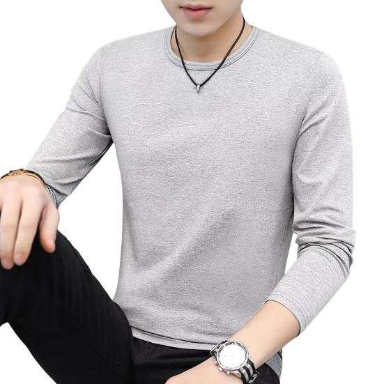 Men Top Solid Color Long Sleeve Round Neck Tee for Daily Wear Mid Length Lightweight Material Casual Style Sport Bottoming T-shirt