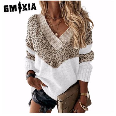 Женская мода, повседневный однотонный принт, осень-зима, свободные свитера с длинным рукавом и v-образным вырезом