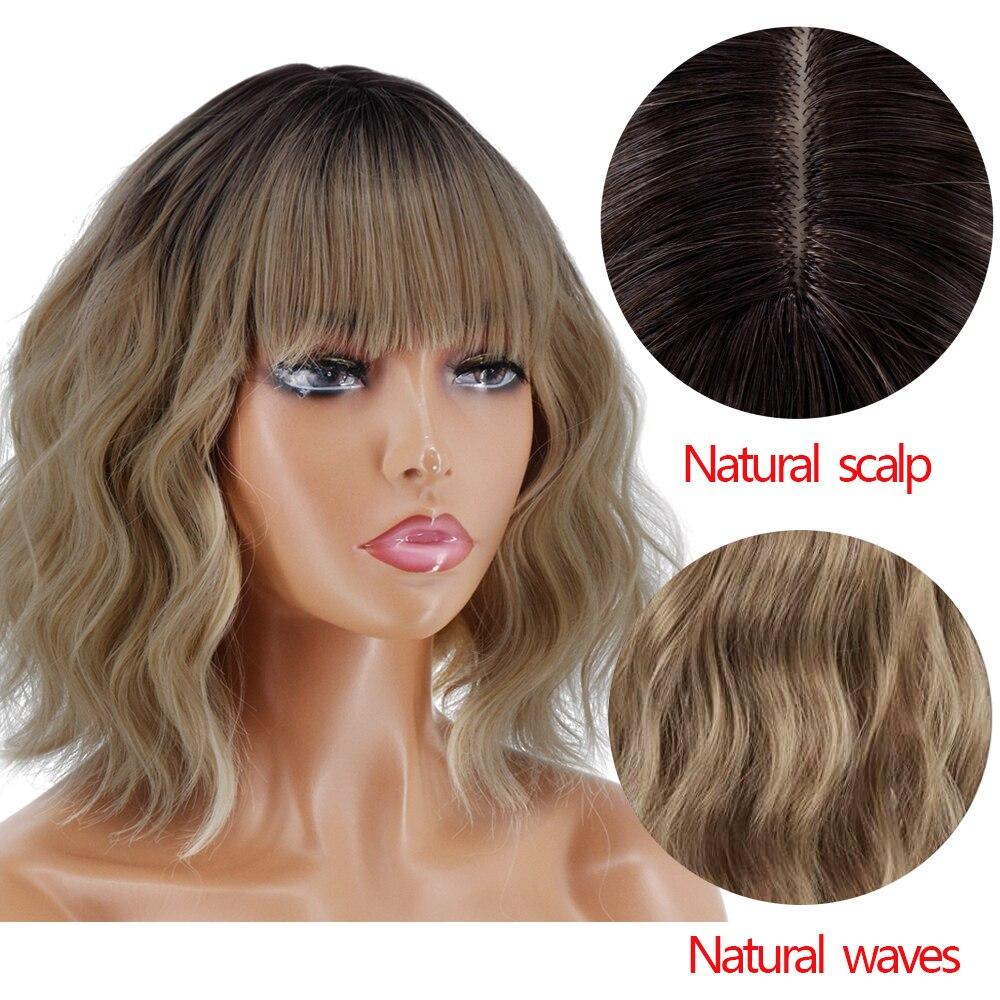 Women Short Platinum Blonde Ombre Wavy Wig with Bangs for Women Cosplay Party Wigs Natural Looking for Daily Use