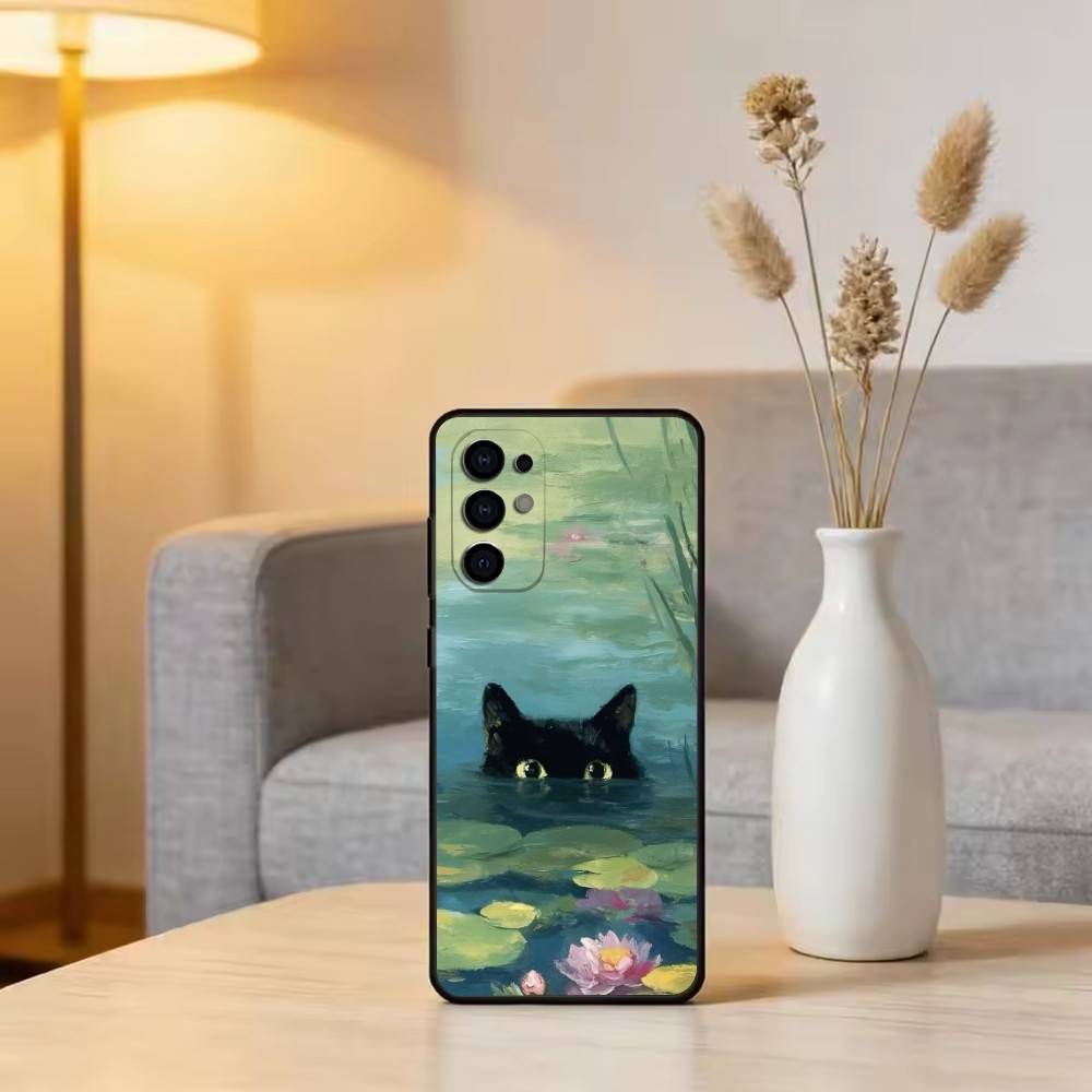 Милая иллюстрация черного кота Чехол для телефона Для Samsung S25, S24, S21, S22, S23, S30, Ultra, S20, Plus, Fe, Мягкий силиконовый черный чехол