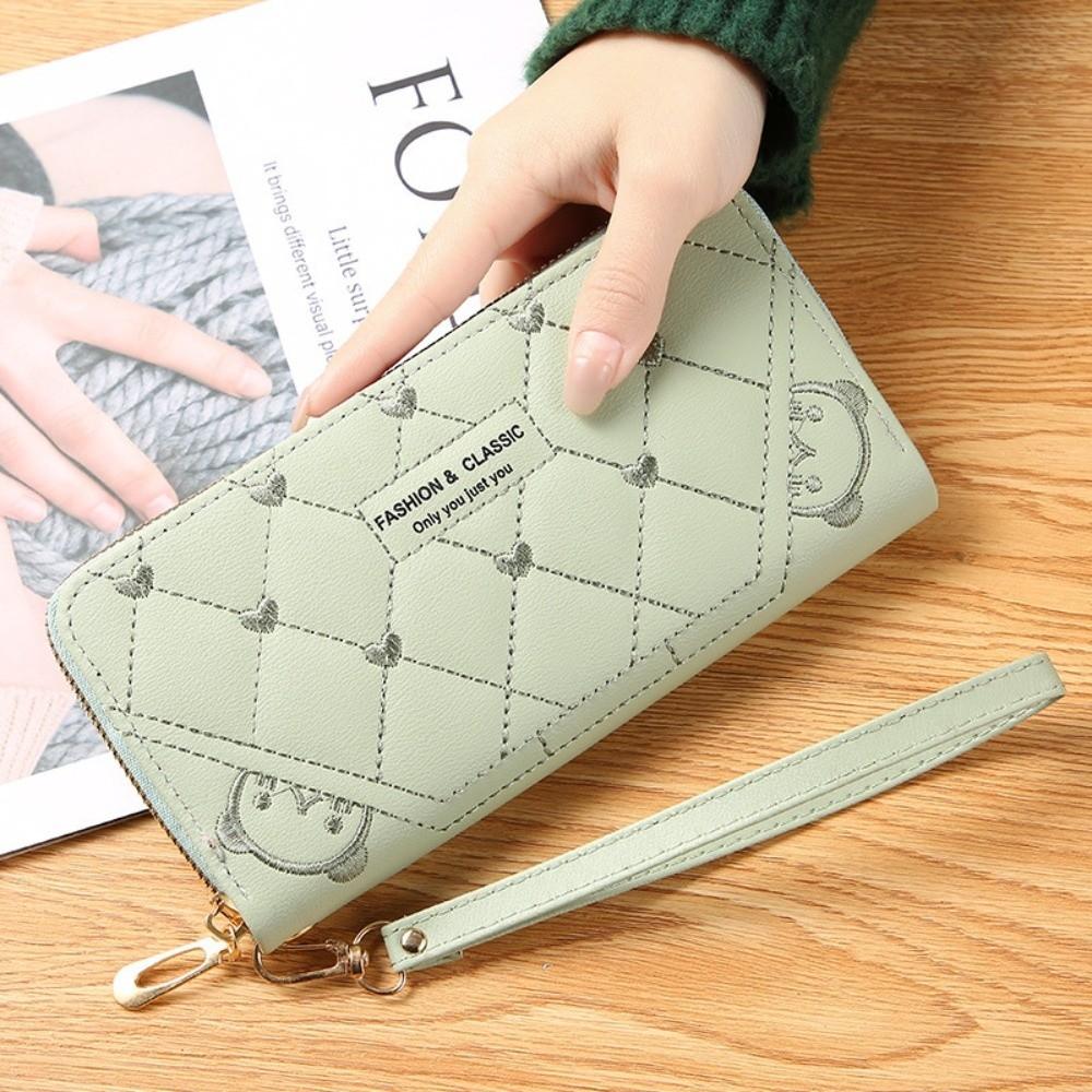 Fashion PU Leather Long Wallet Zipper Large Capacity Coin Purse Embroidery Wristlet Handbag Women
