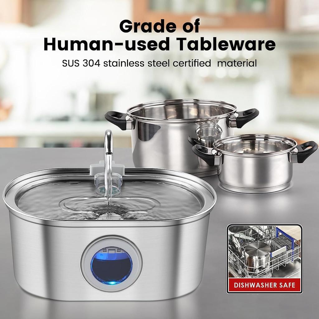 3.2L Stainless Steel Cat Water Fountain with Sensor 108oz Super Quiet Pet Auto Filter USB Transparent Window Cat Water Dispenser