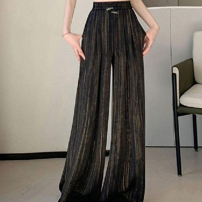 Брюки широкие из ледяного шелка, сатина с принтом тушью, летний тонкий стиль 2025, прохладный плиссированный драпированный дизайн в стиле Ямамото.