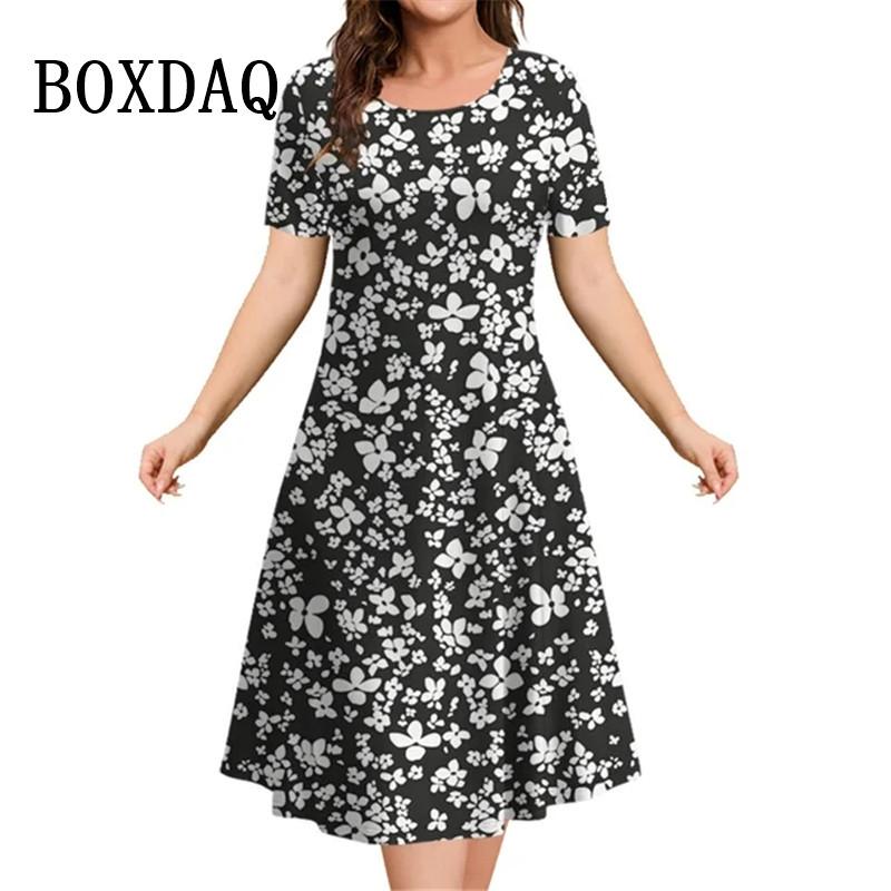 Новые 2025 винтажные платья женские 3D цветы принт с коротким рукавом летние повседневные пуловеры модные свободные женские платья больших размеров