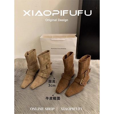 Осень 2025 новый нишевый дизайн ретро французские короткие сапоги маленький квадратный носок ковбойские сапоги замшевые полусапоги женские сапоги