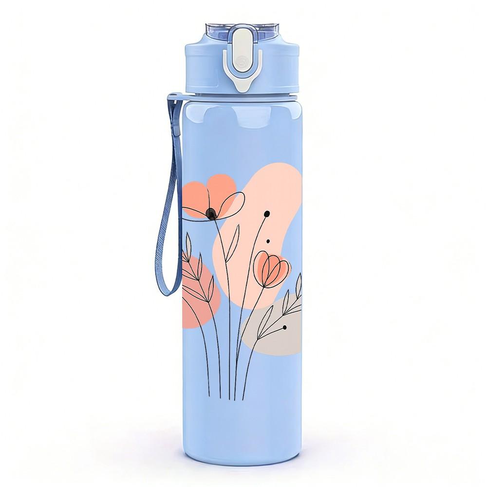 1PC Minimal Pink Tulip Art 750ml Color Plastic Sports Water Bottle Leakproof Flip Straw Lid Suitable for Sports Office Home Use