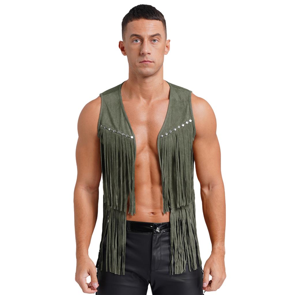 Mens Western Cowboy Vintage Faux Suede Tassel Vest Tops Open Front Rivets Fringe Waistcoat Jacket Festival Rave Party Clubwear