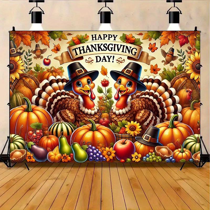 2D Background Banner 1pcs, Happy Thanksgiving, Turkey Pumpkin and Fruits Vibrant Backdrop for Home Party, Wedding