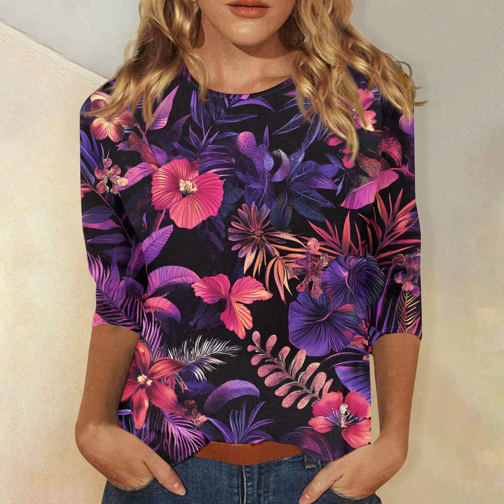 Женская модная повседневная футболка с круглым вырезом и рукавом 3/4, женский топ