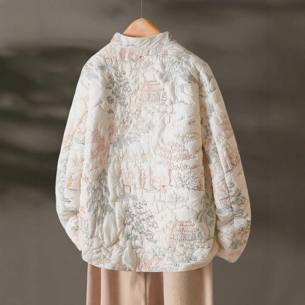 Осень/зима Женские Пальто с цветочной вышивкой, однобортные, винтажные парки, повседневные, свободного кроя, с круглым вырезом и длинными рукавами