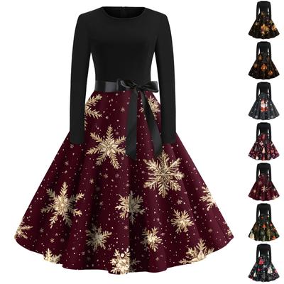 Женское модное винтажное платье с длинным рукавом и круглым вырезом с рождественским принтом