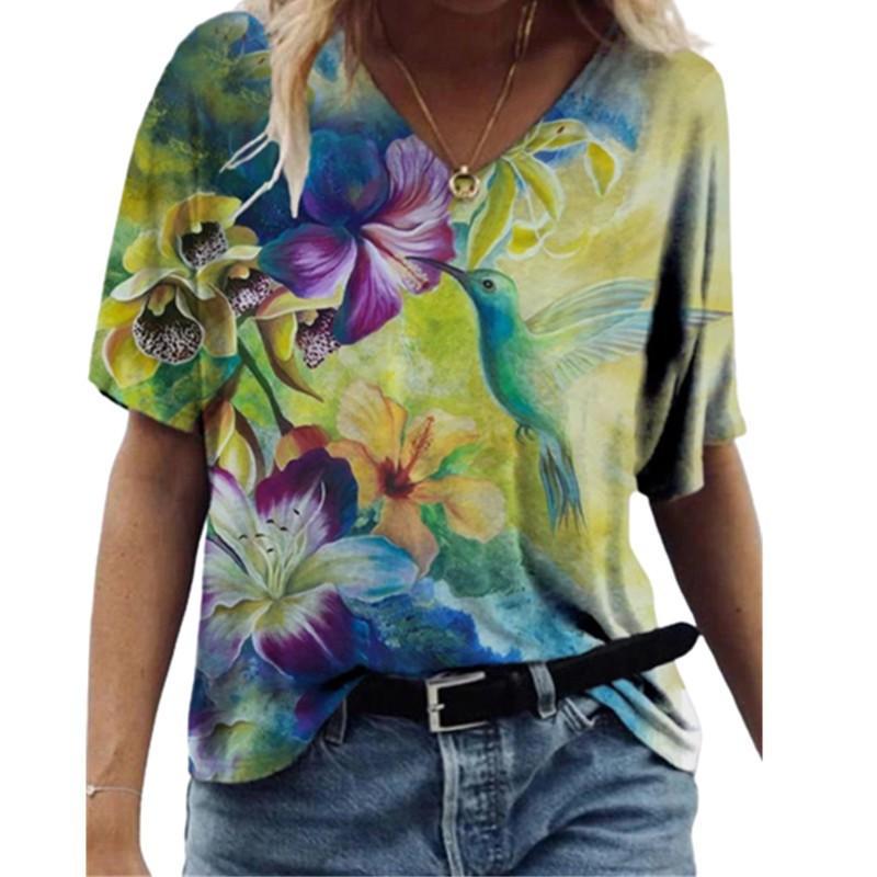 Women 3D Printed T Shirt Casual Summer Outfit Floral V Neck Tops Sportwear Short Sleeve T Shirts