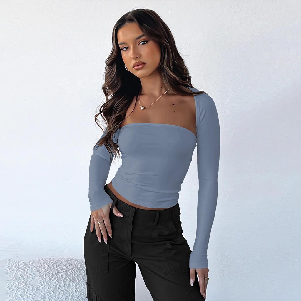 Женские летние топы без рукавов, уличная одежда, тонкие облегающие футболки с длинными рукавами из двух предметов, укороченные топы, однотонные