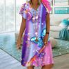 Summer Fashion V-neck Dress Ladies Short Sleeve Purple Crystal Butterfly Printed Dress Loose Casual Dress for Women