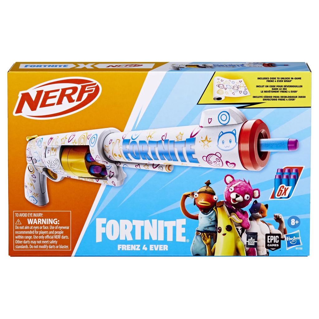 Nerf Fortnite FRENZ 4 EVER Blaster, виртуальный код, упаковка FRENZ 4 EVER, 6 элитных дротиков, барабан для 6 дротиков, подарочный продукт Fortnite G1132, аутентичный продукт