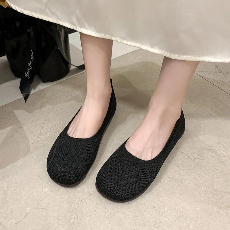 Women 2024 Spring and Summer New Soft Sole Square Head Shallow Mouth Breathable Pedal Knitted Shoes