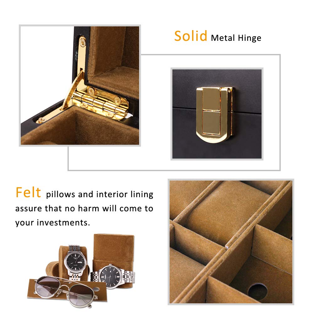 Baskiss Роскошный деревянный футляр для часов, шкатулка для хранения очков и солнцезащитных очков, вмещает 6 часов или 3 пары солнцезащитных очков, идеально подходит для хранения ювелирных изделий