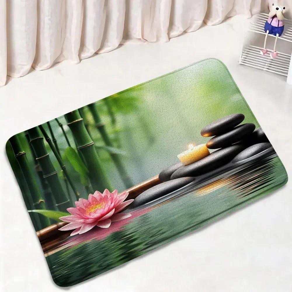 Zen Green Bamboo Bath Mat Set Natural Orchid Flower Black Stone Plant Home Carpet Bathroom Decorative Floor Rug Toilet Lid Cover